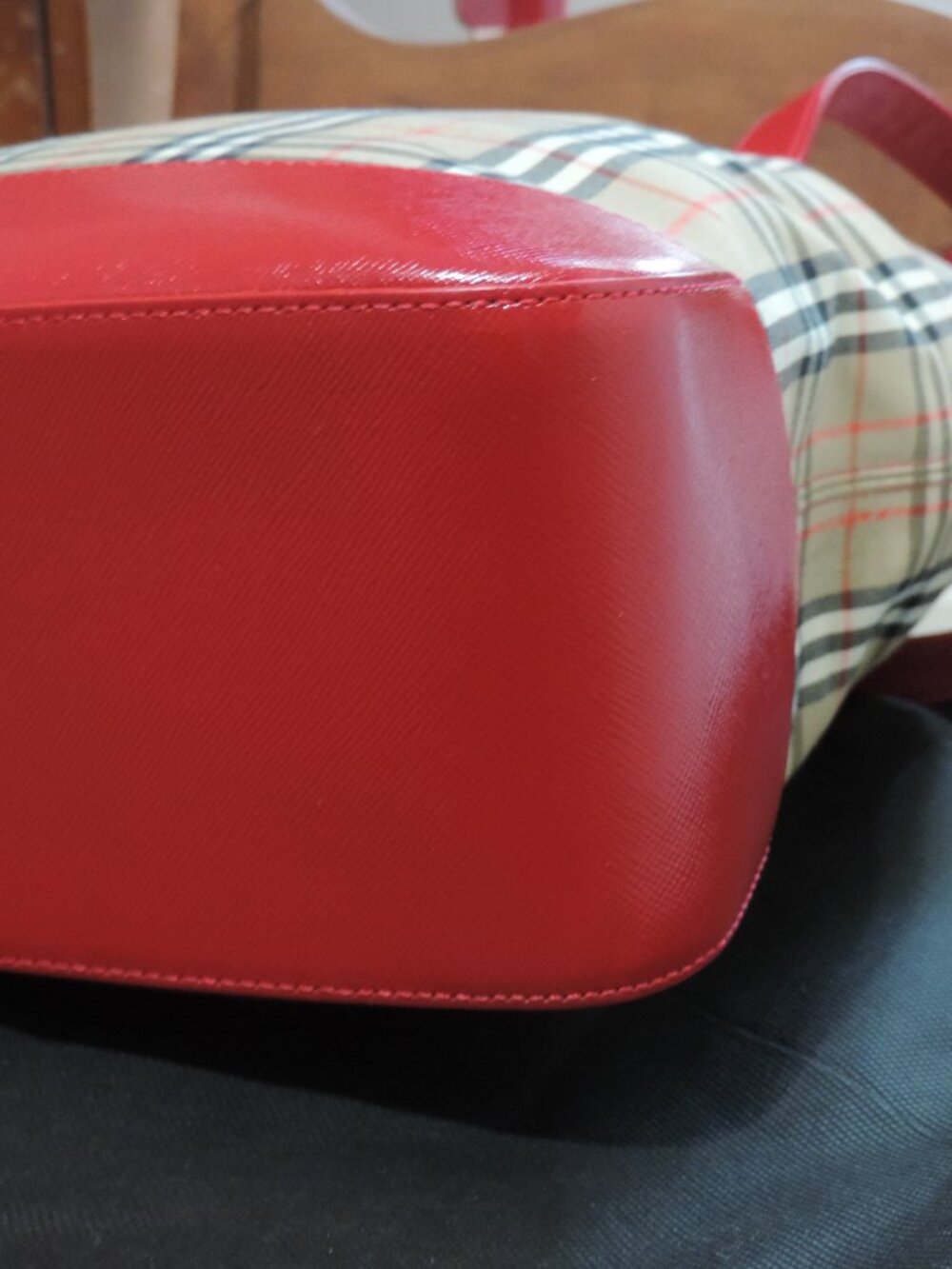 BURBERRY Classic Haymarket Check Canvas & Red Leather Tote Bag - w/COA - Picture 8 of 16